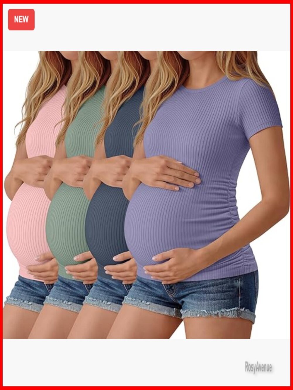 4 Pack Maternity T-Shirts Ribbed Short Sleeve Crew Neck Cotton Tee Side Ruched